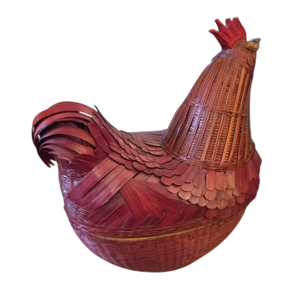 Handcrafted Red Rooster Basket Vintage Two Part Farmhouse Primitive Rustic 3D